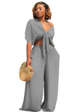 Summer Clothes Casual 2 Two Peice Set Outfits Women Short Sleeve Bandage Crop Top Baggy Pants Black Gray Matching