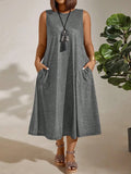 Plus-Size Women's Commuting Round Collar Solid Color Sleeveless Pocket