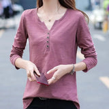 Clothing Spring and Autumn New Loose V-neck Button Tee Shirt Long Sleeve T-shirt Women's Large Pullover Casual Tops-Outfit