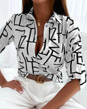 Letter Print Office Shirt Autumn Women Lapel Long Sleeve Single Breasted Blouse Elegant Pocket Camisas De Mujer