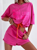 Letter Two Piece Sets Women Round Neck Tops Short Sleeve Lace Up Elastic Waist Loose Casual Shorts Pants Set Splice-Outfit