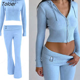 Women Spring Outfits Casual Zipper Sweater Hoodie Set High Waist Flare Pants Suits Pink Knitted Womens Y2k Two Piece