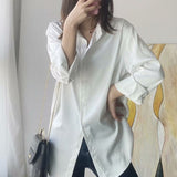 Button Up Fashion Loose Women Long Sleeves White Shirts Lady Female Street Tops Satin Silk Shirt Vintage Blouse
