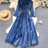 Vintage Embroidery Denim Maxi Dress Women Spring Lapel Pocket Lantern Sleeve Long Vestidos Belt Boho Beach Casual