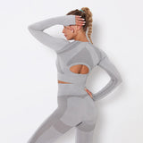 New Women's Fitness T-Shirt Sport Crop Top Long Sleeve Layer Crew Neck Power Stretch Workout Crop Top Sexy Gym