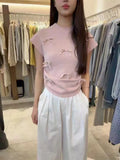 Wind Pink Bow Short-Sleeved Sweater Summer Design Wrinkled Slim Small Flying Sleeve Chic Blouse-Outfit