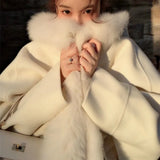 Wool Bat Sleeve Flocking Coat Autumn and Winter Imitation Fox Fur Loose Hooded Cloak Cashmere Jacket Fur Shawl