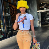 Fashion Print Round Neck Short-Sleeved Temperament Slim Navel T-Shirt Outer