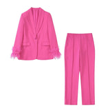 2022 Autumn New 2 Pieces Pink Feather Blazer Woman Long Sleeve Feather Women Coats Pencil High Waist Pants Woman