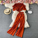 Summer Green/Black/Red Two Piece Set Women Sexy Slash Neck Short Tops + High Waist Wide Leg Pants Female Suit New