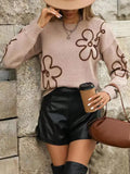 Women's Spring And Autumn Solid-Colored Flowers Knitted Sweater Fashion Collar Long-Sleeved