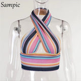 2021 Casual Summer Striped Sexy Halter Skinny Basic Crop Tops Night Club Streetwear Fashion Backless Tank Tops Mini