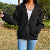 Purple Black Zip Hooded Sweatshirt Winter Jacket Top Oversized Hoodie Retro Pocket Woman Clothes Long Sleeve
