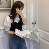 Splicing Two Knitted Short-Sleeved T-Shirt Spring 2025 New Women's Bubble Sleeve