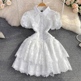 Summer Retro Temperament Elegant Collar Single Buckle White Lace Embroidery A Word Cake