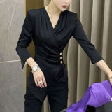 Waist Commute Folds Shirt Spring Autumn V-Neck Women's Clothing Basic Single-breasted Slim Fashion Asymmetrical