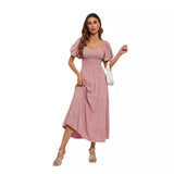 Shooting 2025 Women's Summer Solid Color High Waist Bubble Sleeves To Close Waist Dress