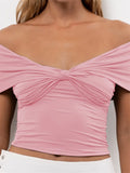 Women V-Neck Off Shoulder Tees Shirts Short Sleeve Front Knotted Ruched Solid Color T-Shirts Aesthetic Crop Tops 2024-Outfit