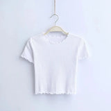 Wood ears O neck Short sleeve T-shirt 2023 New Woman Slim Fit t shirt tight tee Summer Retro Tops 6 colors-Outfit