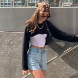 Black Casual Loose Cropped Sweater Women Autumn Smocked Long Sleeve Knitted Top Hip Hop Harajuku Pullovers Female