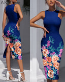 Women Floral Print Sleeveless Split Back Bocydon