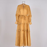 Temperament Dress 2025 New V-Neck Lantern Sleeves Folded Long Silk Dress
