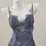 Lace Open-Forked Bow Pajamas 2025 New Sexy Thin Sling Ice Ribbon Women's Sleeping Skirt With Chest