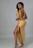 Sexy Halter Sleeveless Solid Metallic Pleated Asymmetrical Club