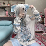 Hoodies Women Streetwear Fashion Y2k Tops Clothes for Teens Cat Hooded Skull Print Casual Off Shoulder Sweatshirts-Outfit
