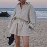 Basic Women Shorts Tracksuit Yellow Solid Girls Sportswear Suit Long Sleeve Shirts Tops And Shorts 2021 Summer