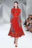 Autumn Runway Designer Bow Neck Pleated Dress Women Long Sleeve Ruffles Lace Patchwork Floral Print Elegant Midi