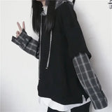 Fake Two Piece Hoodie Women Harajuku Plaid Sweatshirts Japan Kawaii Hoodie Casual Pullovers Tops Gray Oversize Basic
