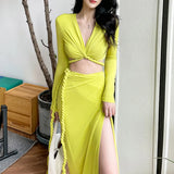 Solid Two Piece Set Womens V Neck Long Sleeve Tops High Waist Midi Skirts Solid Slim Sets Female Clothes Spring