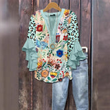 Creative Flower Element 3D Printed Casual Trend V-Necked Lace