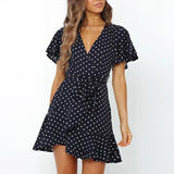 Summer Boho Style Printed Mini Dress Women Sexy V Neck Holiday Beach Dresses A Line Short Sleeve Ruffle Wrap Dress