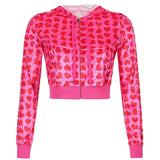 Y2K Sweet Heart Velvet Diamond Hoodies Women Spring Autumn Hooded Jackets Zip Up Long Sleeve Cropped Top