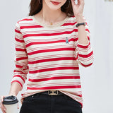 Autumn Women's Pullover Round Neck Embroidery Solid Striped Long Sleeve Undershirt Slim T-shirt Office Lady Casual Tops-Outfit