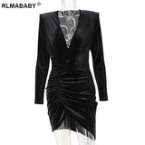 V Neck Long Sleeve Folds Asymmetrical Mini Bodycon Dress Autumn Winter Women Night Club Party Velvet Short Skinny