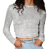 Women Sequins T-shirts Luxury Tops Spring Autumn Vintage Clothes y2k Slim Long Sleeve Tops Female Clothing Steetwear-Outfit