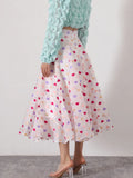 Sweet Petite Heart Print Midi Skirt For Women High Waist A Line Colorblock Long Skirts Female Clothing Summer