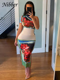 Flower Print Elegant Two Piece Set Women Incline Shoulder Croped Tops + High Waist Body-shaping Skirts Female Streetwear-Outfit