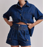 Summer Women's Casual Retro Loose Shirt Denim Shorts Set