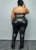 Black Leather Bandeau Top and Pants Plus Size 2 Piece