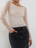 Sexy Women Lace Long Sleeve Crop Tees Tops Off-Shoulder Casual Pullover for Club Streetwear Aesthetic Grunge T-shirts-Outfit