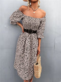 Sweet Square Collar Puff Sleeves Leopard Print Fit and Flare Holiday