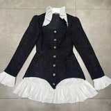 Sexy Two Piece Set Womens Square Collar Long Sleeve Tops High Waist Mini Skirts Ruffle Trim Colorblock Sets