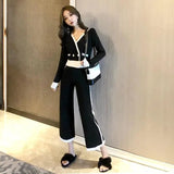 Korean Loose Long Sleeve Sweater Knitwear + Casual High Waist Wide Leg Pants Chic Knitted Suit 2 Piece Set Women