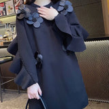 Autumn Beading Ruffles Spliced Sweatshirts Female Clothing Chic Floral Three-dimensional Decoration O-Neck Midi