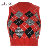Argyle Plaid Preppy Style Knitting Sweater Vest Women Clothes Streetwear Retro Tank Top 2020 Autumn Knitwear