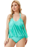 Bikini V-Neck Solid Tassel Plus Size One Piece